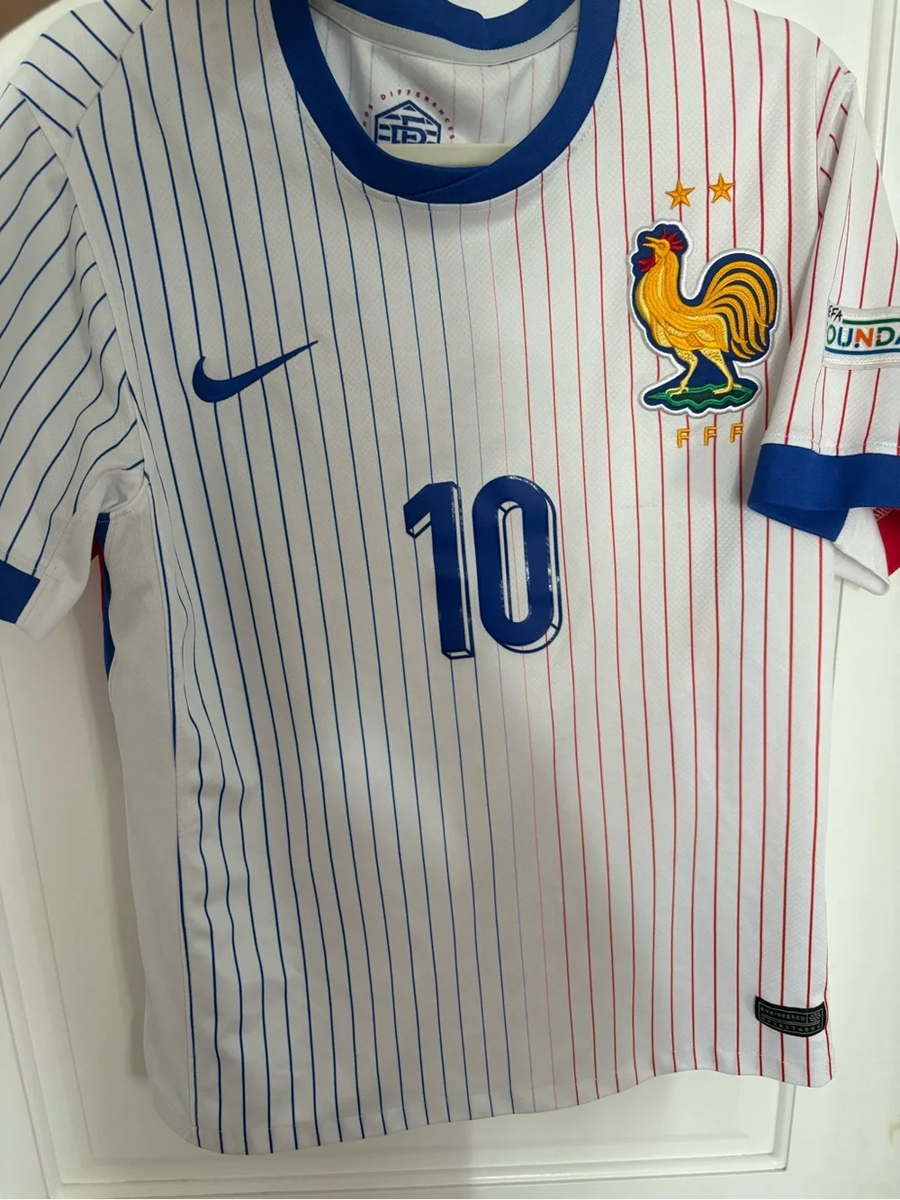 Nike men’s White France Football Jersey with Blue & Red Pinstripes mbappe jersey